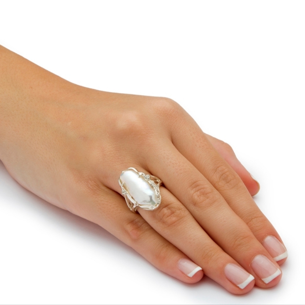 🎁NWT Sterling Silver Genuine Cultured FreshWater White Pearl & Round Topaz Ring